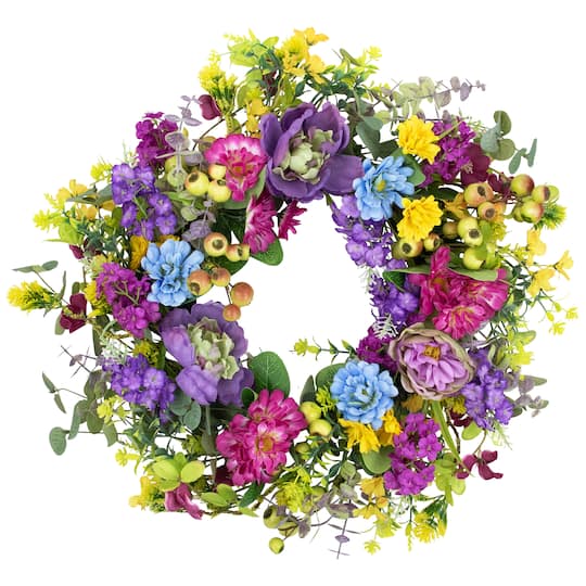 24&#x22; Multicolor Floral, Eucalyptus &#x26; Olive Spring Wreath